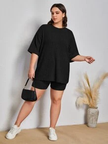 SHEIN EZwear Plus Drop Shoulder Tee & Shorts - Black - View 4