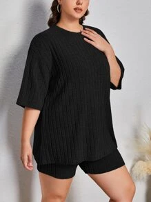 SHEIN EZwear Plus Drop Shoulder Tee & Shorts - Black - View 5