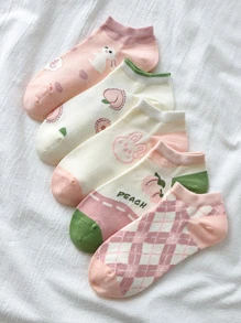 5 đôi vớ mắt cá chân họa tiết thỏ và đào - Nhiều màu - Xem 1