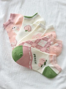 5 đôi vớ mắt cá chân họa tiết thỏ và đào - Nhiều màu - Xem 7