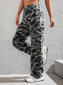 SHEIN PETITE Camo Print Flap Pocket Side Cargo Jeans - Grey - View 4