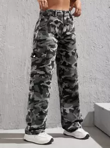 SHEIN PETITE Camo Print Flap Pocket Side Cargo Jeans - Grey - View 5