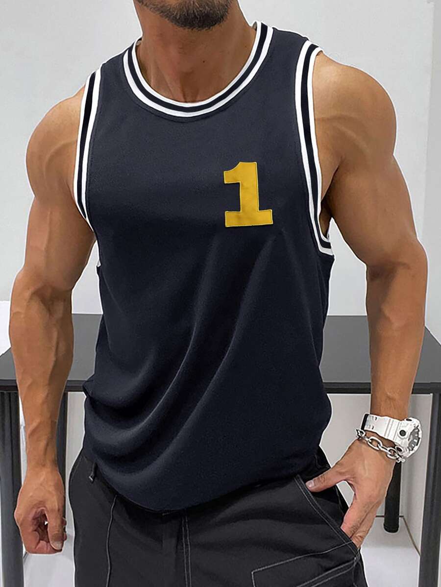 Aesthetic Post--Men Letter Embroidery Striped Trim Tank Top - Navy Blue - View 1