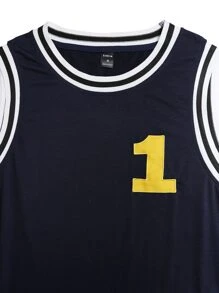 Aesthetic Post--Men Letter Embroidery Striped Trim Tank Top - Navy Blue - View 3