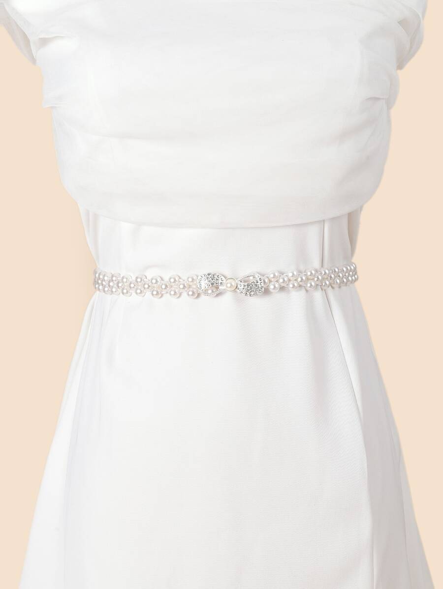 Rhinestone Decor Bow Buckle Faux Pearl Belt - White - View 1