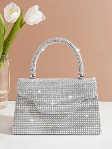 水鑽裝飾翻蓋方包 - 銀色 - 查看 1