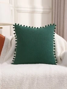 1pc Dark Green Cushion Cover, Fabric Pom Pom Decor Decorative Throw Pillow Case For Home