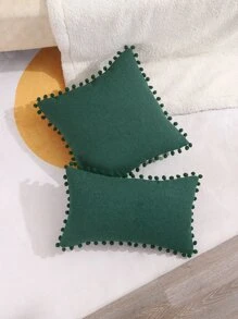 1pc Dark Green Cushion Cover, Fabric Pom Pom Decor Decorative Throw Pillow Case For Home