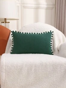 1pc Dark Green Cushion Cover, Fabric Pom Pom Decor Decorative Throw Pillow Case For Home