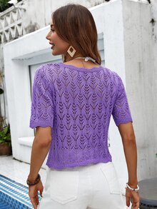 Knit Mix Solid Scallop Trim Pointelle Knit Top - Purple - View 2