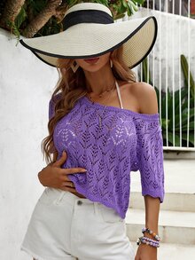 Knit Mix Solid Scallop Trim Pointelle Knit Top - Purple - View 4