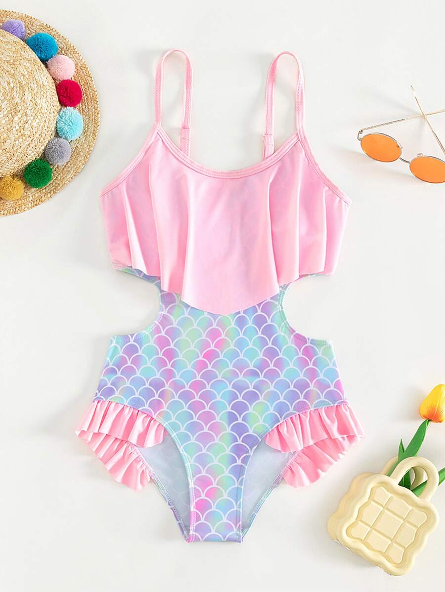 Tween Girl Fish Scales Print Ruffle Trim Cut Out Waist One Piece Swimsuit - Multicolor - View 1