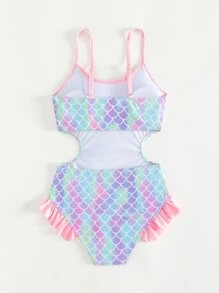 Tween Girl Fish Scales Print Ruffle Trim Cut Out Waist One Piece Swimsuit - Multicolor - View 2