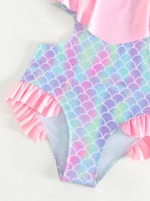 Tween Girl Fish Scales Print Ruffle Trim Cut Out Waist One Piece Swimsuit - Multicolor - View 3