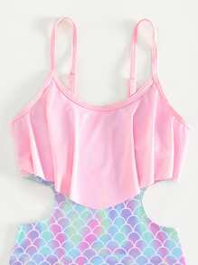 Tween Girl Fish Scales Print Ruffle Trim Cut Out Waist One Piece Swimsuit - Multicolor - View 4