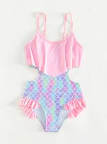 Tween Girl Fish Scales Print Ruffle Trim Cut Out Waist One Piece Swimsuit - Multicolor - View 5