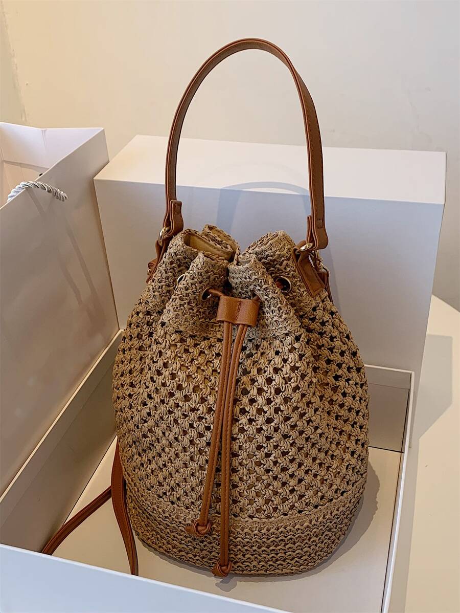 Drawstring Design Straw Bag - Khaki - View 1