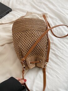 Drawstring Design Straw Bag - Khaki - View 2
