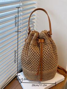 Drawstring Design Straw Bag - Khaki - View 3
