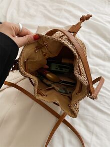 Drawstring Design Straw Bag - Khaki - View 4