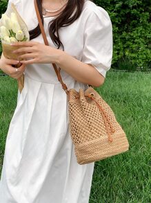 Drawstring Design Straw Bag - Khaki - View 6