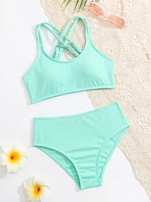 SHEIN Tween Girl Solid Crisscross Back Bikini Set Summer Beach - Mint Green - View 1