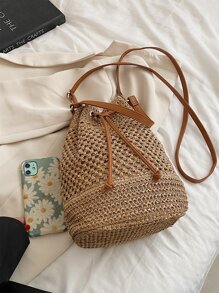Drawstring Design Straw Bag - Khaki - View 7
