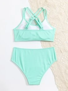 SHEIN Tween Girl Solid Crisscross Back Bikini Set Summer Beach - Mint Green - View 2