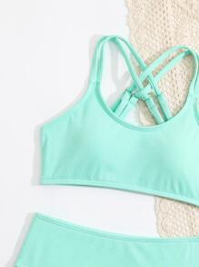 SHEIN Tween Girl Solid Crisscross Back Bikini Set Summer Beach - Mint Green - View 3