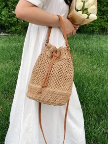 Drawstring Design Straw Bag - Khaki - View 8
