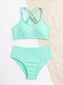SHEIN Tween Girl Solid Crisscross Back Bikini Set Summer Beach - Mint Green - View 5
