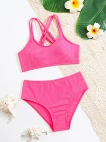SHEIN Tween Girl 纯色交叉后背比基尼套装 夏日海滩 - 粉色 - 查看 1