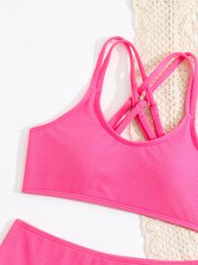 SHEIN Tween Girl 纯色交叉后背比基尼套装 夏日海滩 - 粉色 - 查看 3