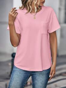 INAWLY 素色口袋貼布落肩T恤 - 淺粉色 - 查看 4