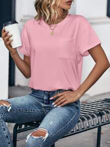 INAWLY 素色口袋貼布落肩T恤 - 淺粉色 - 查看 5