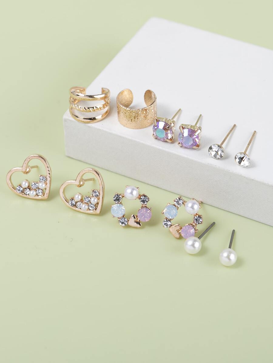 5pairs/Set Faux Pearl Decor Earrings & 2pcs/Set Ear Cuff