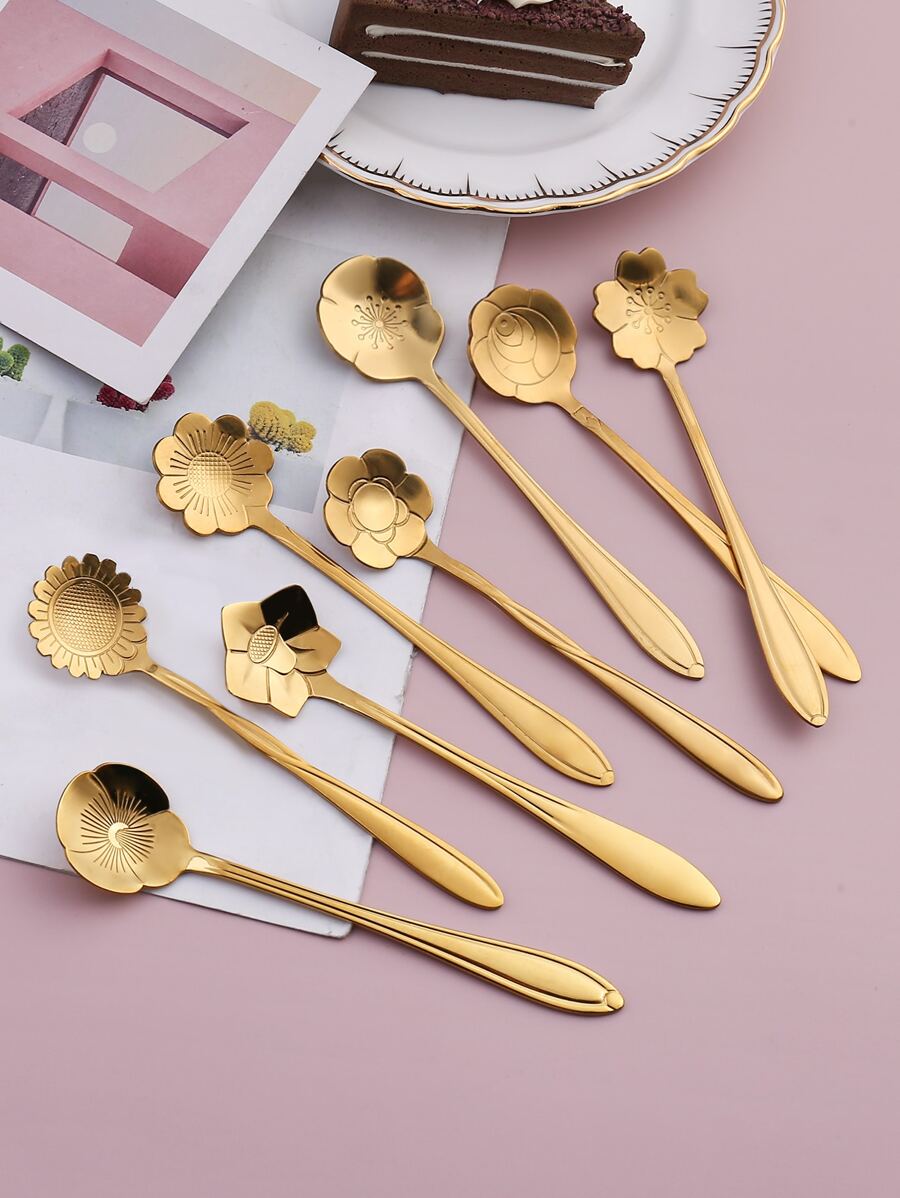 8pcs/Set Stainless Steel Spoon, Creative Flower Design Stirring Spoon For Wedding, Party,Kitchen,Christmas Gift,School Supplies