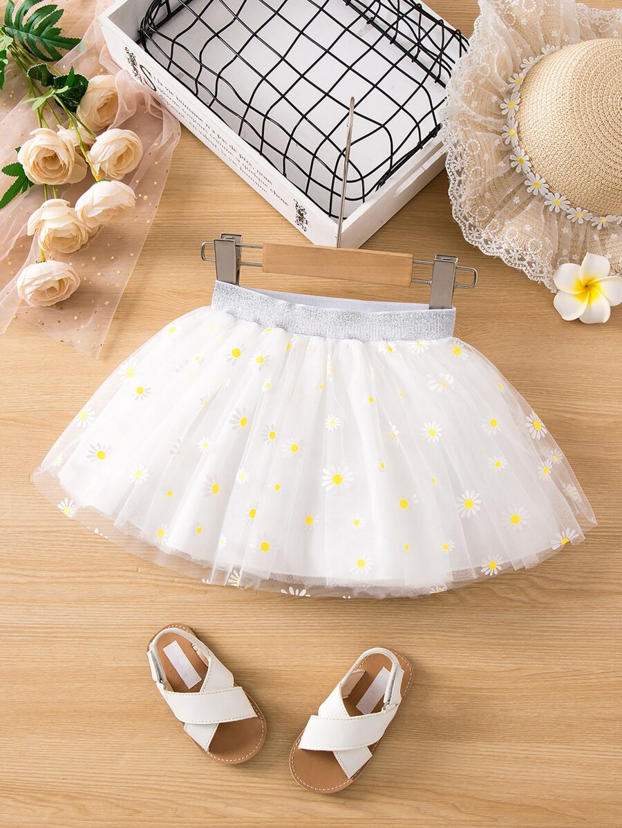 SHEIN Young Girl White Floral Printed Fashionable Midi Skirt For Summer - White - View 1