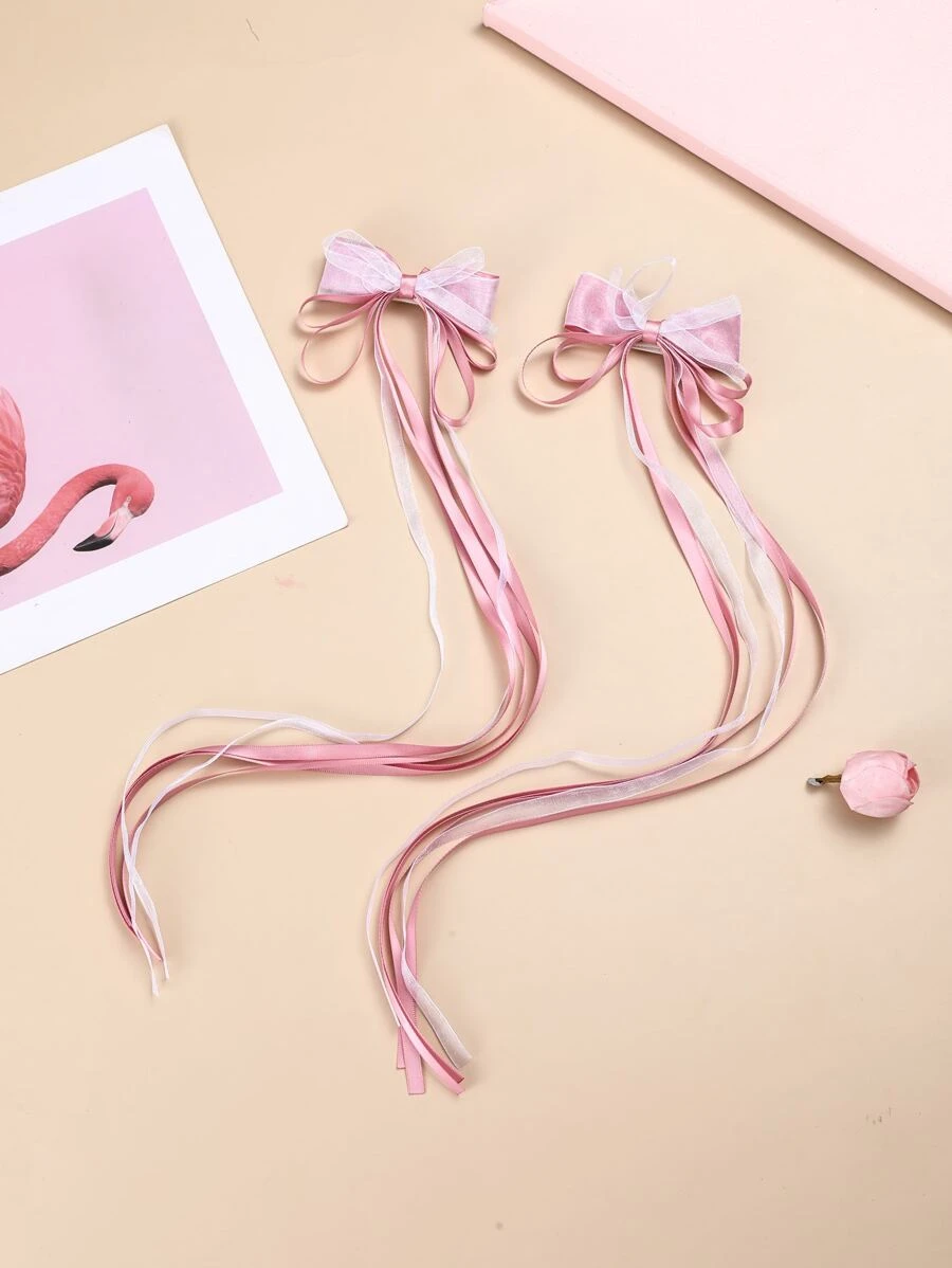 2 cái Kẹp tóc cá sấu trang trí tua rua & nơ trang trí - Màu Hồng baby - Xem 1