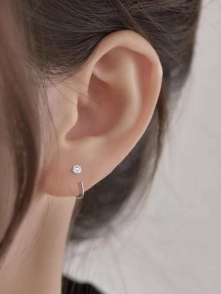 Bông tai bạc trang trí bằng đá khối Zirconia - Bạc - Xem 1