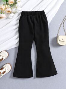 SHEIN 女小童優雅和極簡和時尚素色黑色喇叭褲適合夏天 - 黑色 - 查看 2
