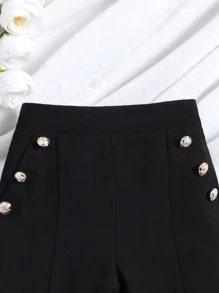 SHEIN 女小童優雅和極簡和時尚素色黑色喇叭褲適合夏天 - 黑色 - 查看 3