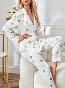 Floral Print Belted Satin PJ Set - White - View 1
