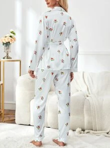 Floral Print Belted Satin PJ Set - White - View 2