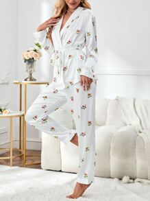 Floral Print Belted Satin PJ Set - White - View 4