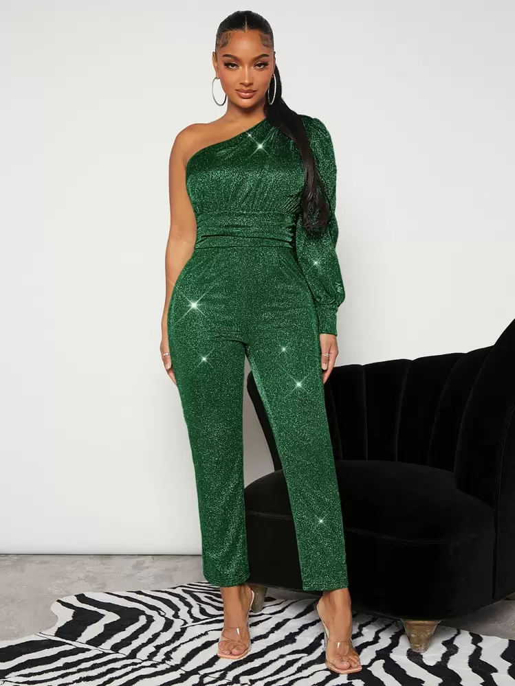 SHEIN SXY One Shoulder Lantern Sleeve Glitter Jumpsuit | SHEIN USA