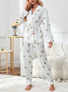 Floral Print Belted Satin PJ Set - White - View 5