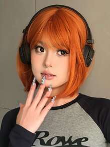 黑色短波浪合成假髮天然黑色帶瀏海女性合成波波頭假髮