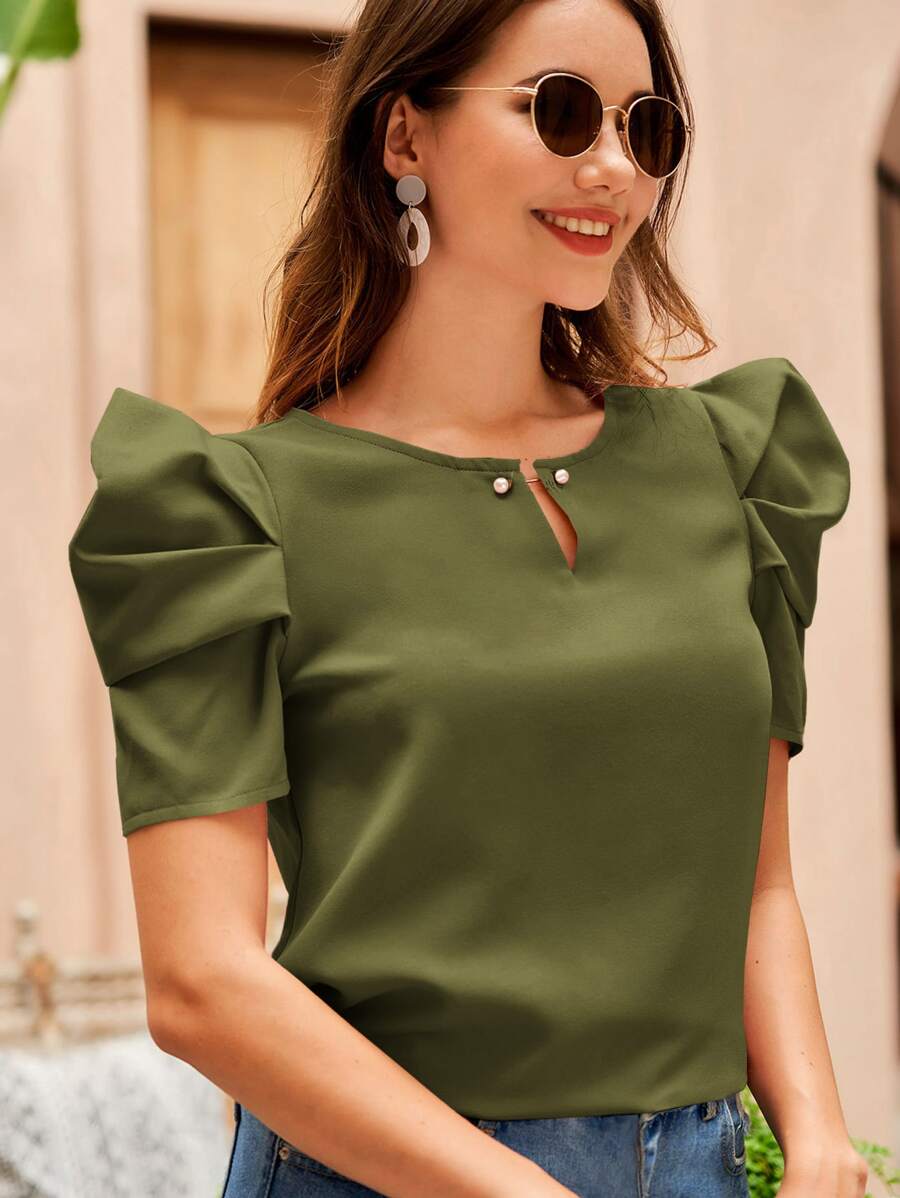SHEIN Clasi 鎖眼領口泡泡袖襯衫 - 軍綠色 - 查看 1