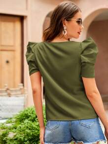 SHEIN Clasi 鎖眼領口泡泡袖襯衫 - 軍綠色 - 查看 2